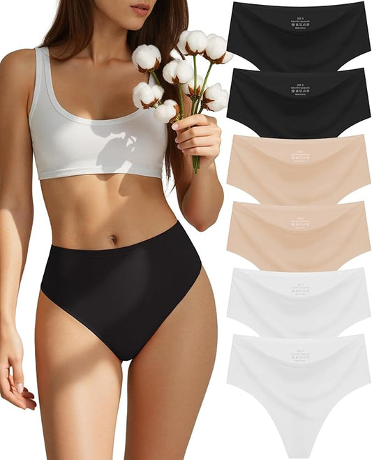 sosusu Seamless Underwear for Women Cotton Thongs High Waisted Soft Breathable No Show Panties Invisible Stretch 6 Pack