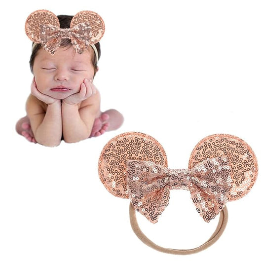JIAHANG Mouse Ears Sequin Bow Nylon Hairband, Hair Bow Nylon Headband, Soft Elastic Costume Headwear for Baby Girl Newborn Toddler, kids, Party Supplies