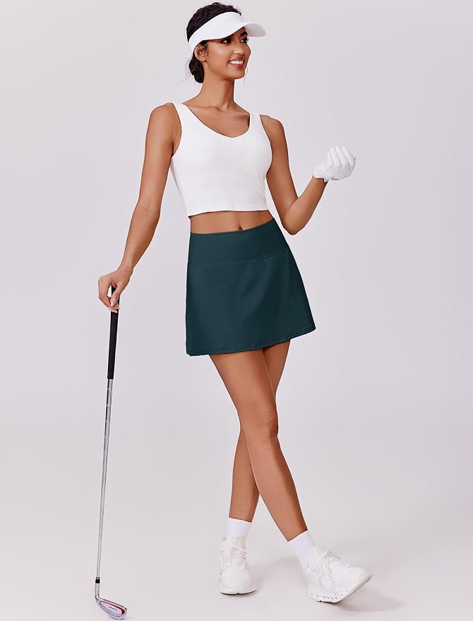PINSPARK 14" Womens Tennis Skirt High Waisted Golf Skort with 2 Pockets | Built-in Shorts, A Line, Tummy Control, Stretchy, Casual, Mini, Workout, Pickleball, Running, Skort for Woman