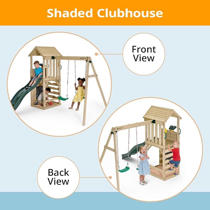 Plum Wooden Swing Sets for Backyard with Slide, Toddler Playground Playsets, Kids Outdoor Play Equipment, 2 Swings, Rock Climbing Wall, Telephone, Blackboard, Telescope, Sturdy, Weatherproof, Age 3+
