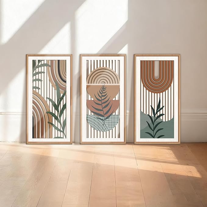 IARTTOP Boho Wood Wall Art Framed 8x16 Inch Set of 3 Mid-century Modern Abstract Wooden Wall Decor Minimalist Plant Artwork for Living room Bedroom Office