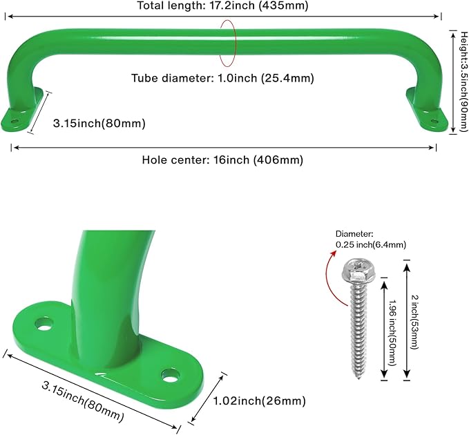 17.2 Inch Green Playground Handles Metal Pack of 6 - Outdoor Swing Sets Grab Handles - Playset Grab Bar, Indoor Kids Climbing Monkey Bars for Playhouse, Treehouse, Jungle Gym