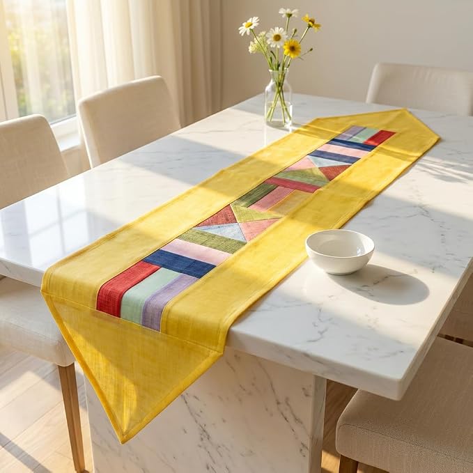 Korean Patchwork Table Runner – Traditional Bojagi Pattern, Lightweight Decorative Dining Table & Home Décor Accent for Living Room or Kitchen (Permanent Yellow) | Traditional Korean Textile 79 Inch Runner Natural Ramie Fabric Kitchen Table Decor Home ...