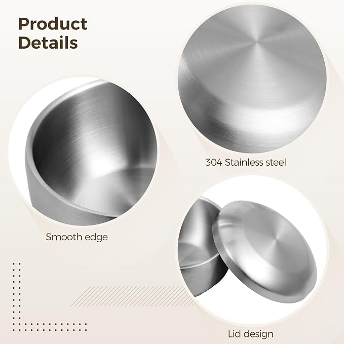 OMISTAR 2 PCS Stainless Steel Rice Bowl with Lid, 5.1 Inch Food Bowls for Korean Kitchen Restaurant, Double-Walled Insulated Metal Bowls, Multi-Purpose Soup Food Bowls Snacks Bowls, 13cm, Silver