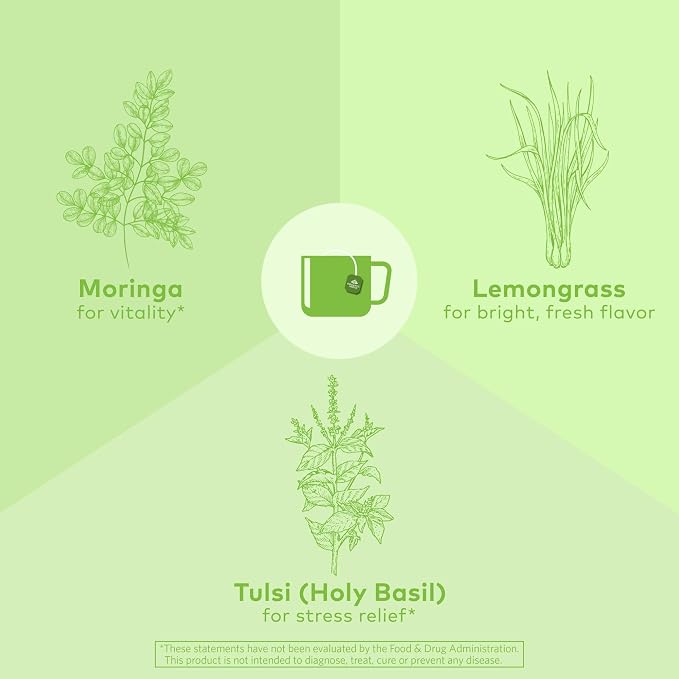 ORGANIC INDIA Tulsi Moringa Tea Bags- Holy Basil, Lemongrass, Moringa Leaves, Calming Immune Support Tea, USDA Organic, Caffeine Free- 18 Bags, 3 Pack
