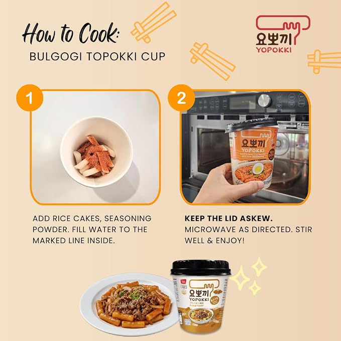 Yopokki Instant Tteokbokki Rice Cakes Korean, Bulgogi Topokki Cup - Great with Cheese and Ramen Toppings, Korean Snacks for College Dorm, Korean Street Food Quick & Easy to Prepare, Pack of 2