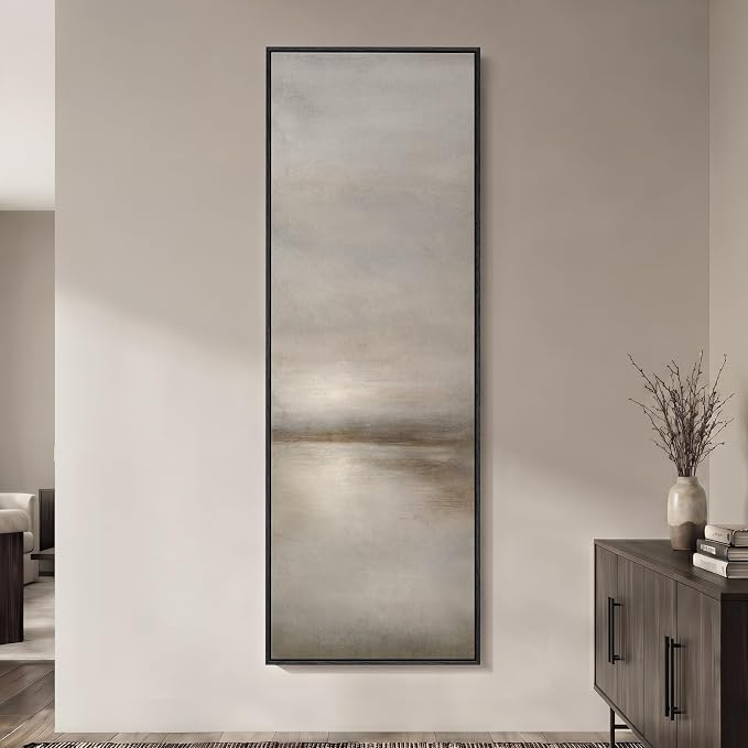 Large Framed Neutral Landscape Abstract Wall Art, Long Vertical 20x60 In | Gray brown pictures, Canvas prints, Wood frame, Modern minimalist lake paintings, Wall decor for hallway living room dining
