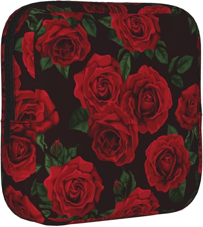 Red Rose Flower Floral Love Valentine Happy Valentines Day Period Bag For Women,Portable Sanitary Napkin Period Pad Pouch For Purse, Small Make Up Bags