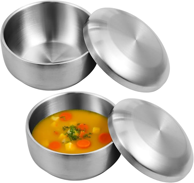 OMISTAR 2 PCS Stainless Steel Rice Bowl with Lid, 5.1 Inch Food Bowls for Korean Kitchen Restaurant, Double-Walled Insulated Metal Bowls, Multi-Purpose Soup Food Bowls Snacks Bowls, 13cm, Silver