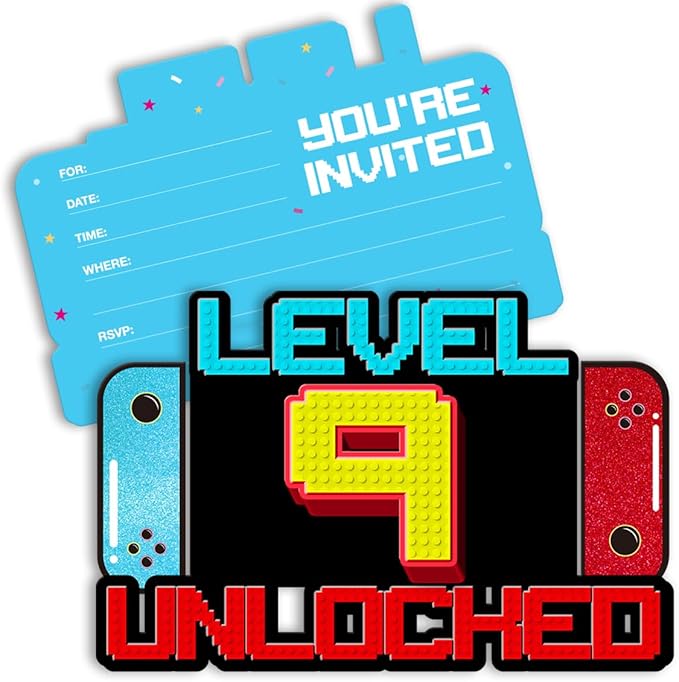 Video Game 9th Birthday Party Invitations Boy Video Game 9 Year Old Boys Birthday Party Shaped Invitations with Envelopes, 20 Pack