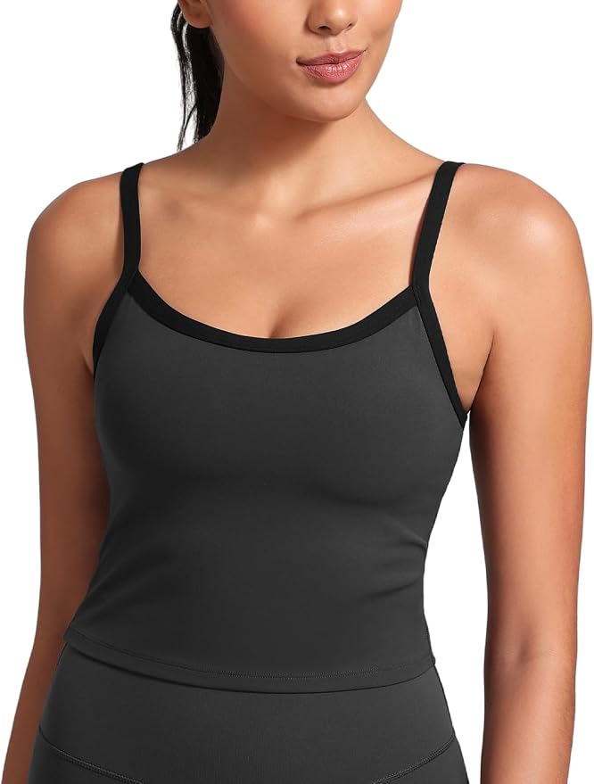 HeyNuts Vintage Color-Block Strappy Crop Tank Top for Womens, Cute Contrasting Trim Yoga Longline Sports Bras Padded A-D Cups