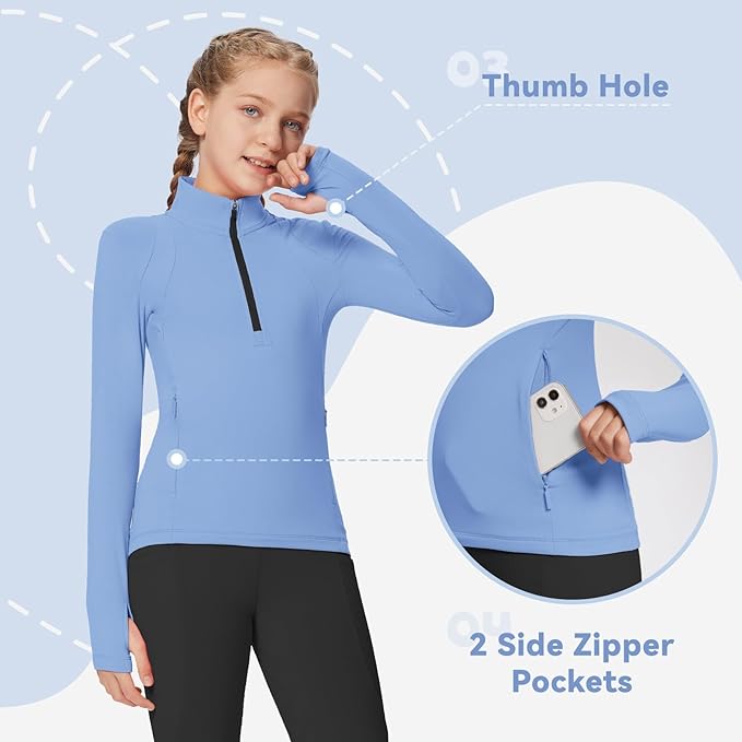 baleaf Girls Long Sleeve Shirts Fleece Jacket Fall Half Zip Pullover Kids Sweatshirts Athletic Thermal Coat