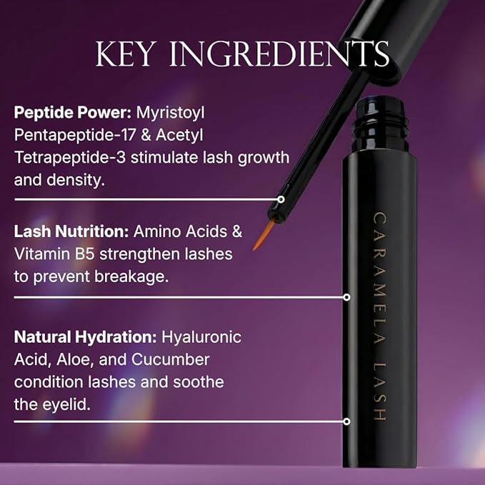 Caramela Lash Eyelash Growth Serum - Prostaglandin Free, Safe for Sensitive Eyes - Dual Peptide Complex & Vitamin B5 for Longer, Fuller, Thicker Lashes - 6ml, 4 Month Supply - Vegan & Cruelty-Free
