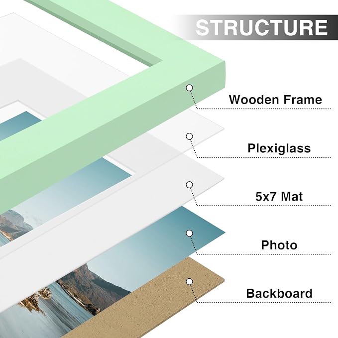 Vittanly 8x10 Picture Frames Set of 9, Wall & Tabletop, Light Green | Display Pictures 5x7 with Mat or 8x10 without Mat, Small Photo Frames, Engineered Wood with Shatter Resistant Plexiglass