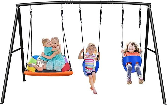 Hapfan 440lbs Kids Swing Sets for Backyard with Toddler Swing, Triple Outdoor Metal Swingset, Easy to Assemble (Patented)