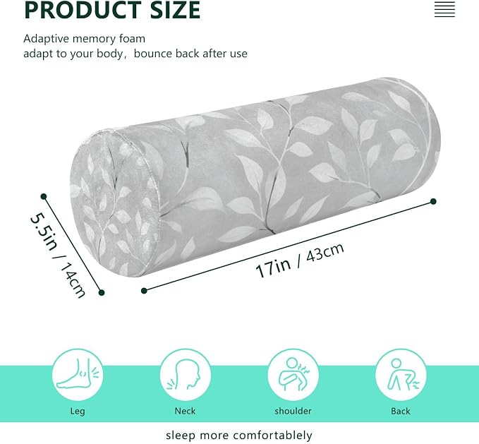 Grey Vine Leaves Neck Roll Pillow Bolster Round Health Memory Foam Long Cervical Cylinder Pillows with Removable Washable Cover for Body Bed Legs Back Yoga