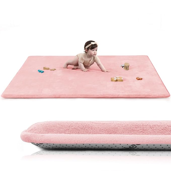 Huloo Sleep Baby Play Mat for Floor,50"×65" Playpen Mat for Toddler,Infant,Kids,1.3" Thick Elasti Foam Non-Slip Nursery Rug,Water Repellent Soft Padded Floor Mats for Tummy Time,Crawling(Pink)