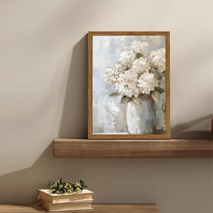 Framed Vintage Canvas Wall Art, White Hydrangea Floral Wall Decor Paintings, Flower Pictures Prints Aesthetic Home Decor for Living Room Bedroom Bathroom Office 8x10 inch