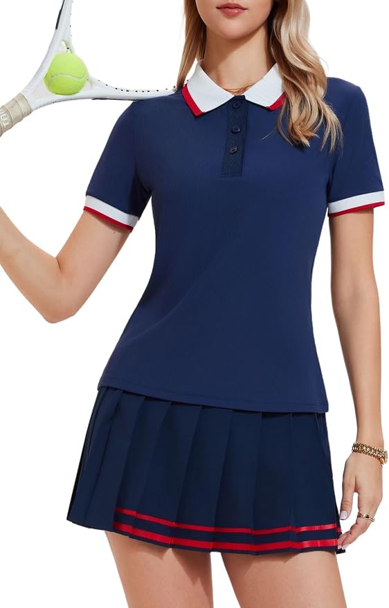 Mudere Golf Outfits for Women Tennis Skirt Set Polo Top Pleated Skort | Ribbed Short Sleeves, Built-In Shorts, Side Pocket, Nylon Spandex Blend, Pickleball Running Dress, Versatile Athletic Wear