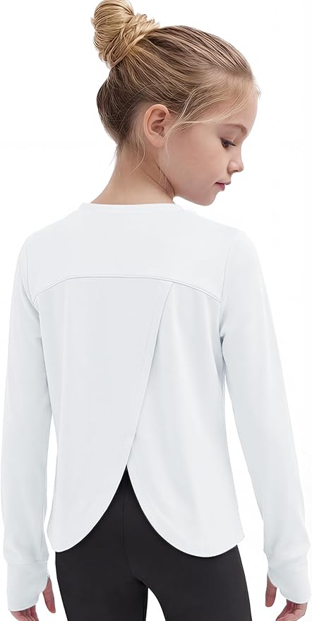 Gogokids Girls Shirts Long Sleeve Athletic Shirts Open Back Tops Active Sports Tshirts Yoga Workout Crop Tees 5-14 Years