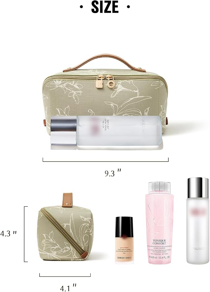 EACHY Travel Makeup Bag, Large Capacity Cosmetic Bags for Women, Waterproof Portable Pouch Open Flat Toiletry Bag Pattern Make up Bag (F-Green)