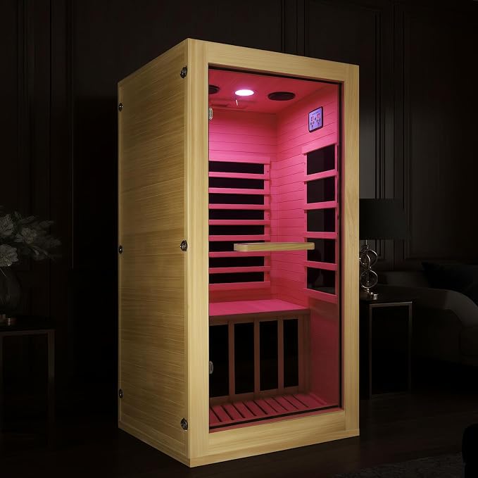 OUTEXER Infrared Sauna Room Indoor Saunas Home Obeche Wood 900W Low-EMF Dry Saunas Single Person Spa with 7 Color Light 32.3 * 28.3 * 61.4 inch
