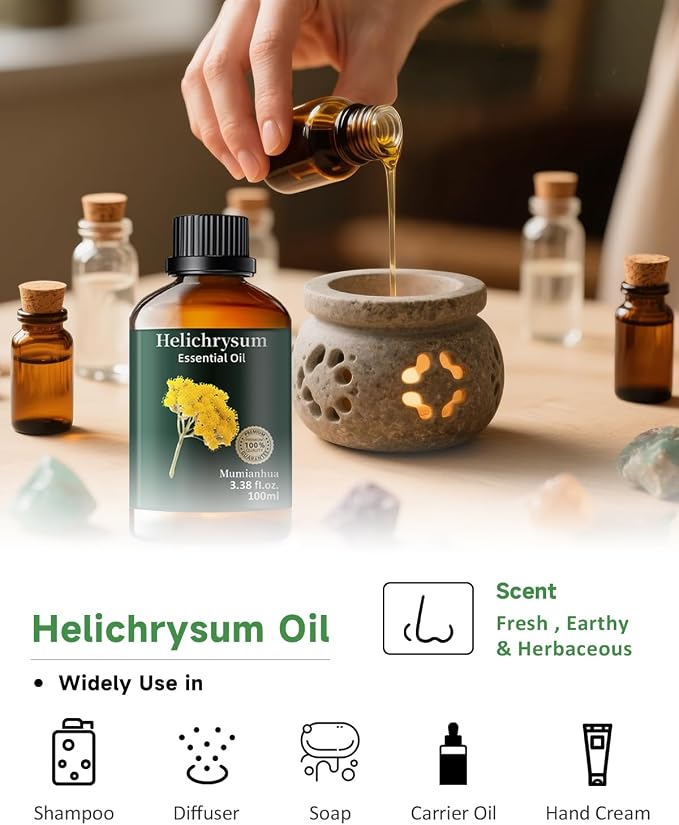 Helichrysum Essential Oil, Herbal Aroma, Diffuser & Massage, 3.38 Fl Oz | Warm Honey-Herbaceous Scent. Ideal for Skin & Scalp, Soothing Massage, Candle Making & Diffusion. Comforting Daily Ritual
