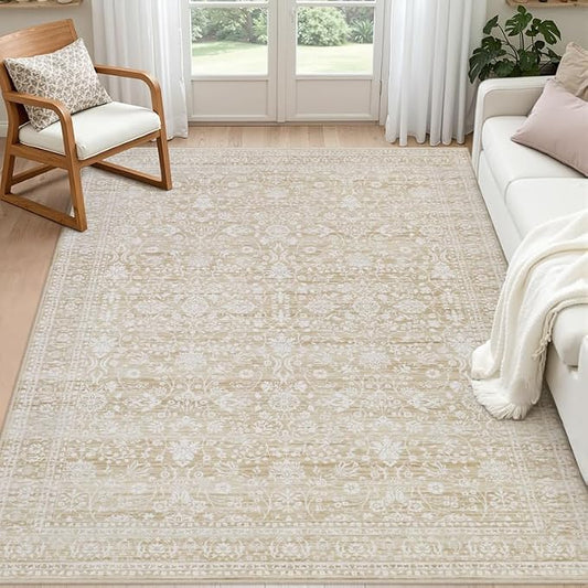 5x7 Area Rugs for Living Room: Vintage Boho Neutral Washable Rug Indoor Soft Large Area Rug Carpet for Bedroom Nursery Farmhouse Dining Room Office Floor Non-Slip Low Pile Under Table Natural Beige