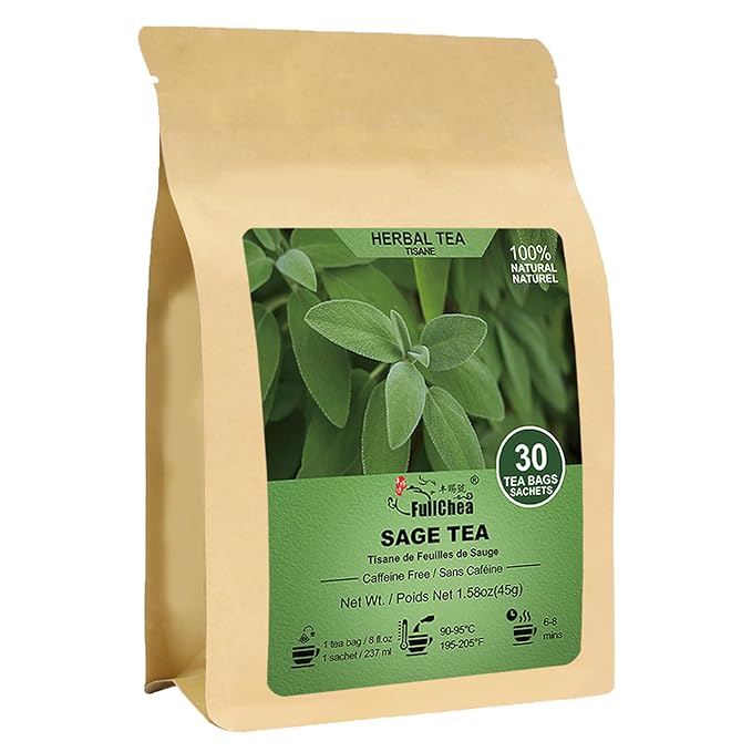 FullChea - Sage Tea Bags - 30 Count X 1.5g - Premium Natural Cut & Sifted Sage Leaf - Non-GMO - Caffeine-free - Rich in Antioxidants & Respiratory Support