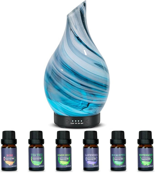 Aromatherapy Essential Oil Diffuser for Home- Art Glass Diffuser for Essential Oils with Waterless Auto Shut-Off 4 Timer 7 Colors LED Night Light for Home Office Decor Gifts for Women