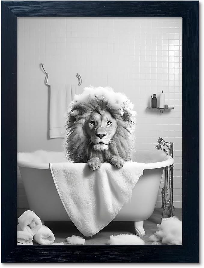 Black and White Lion Canvas Wall Art Bathroom Pictures Paintings for Wall Decor Funny Bathroom Wall Art Framed Animal Print Artwork