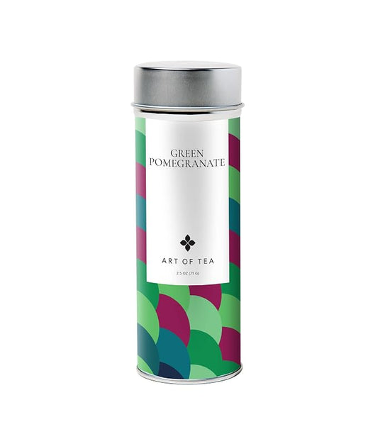 Art of Tea Organic Green Pomegranate 2.5oz Loose Leaf Tea Tin, Premium Fruity Green Tea Blend with Raspberry & Rosehips, Artisan Green Tea Loose Leaf for Hot or Iced Tea