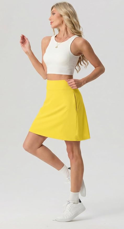 PrinStory 19" Tennis Skirt for Women Athletic Skort with Zipper Pockets | Workout Skort, Built-in Shorts, High Waisted, Split Hem, Knee Lentgh, Golf, Pickleball, Sports