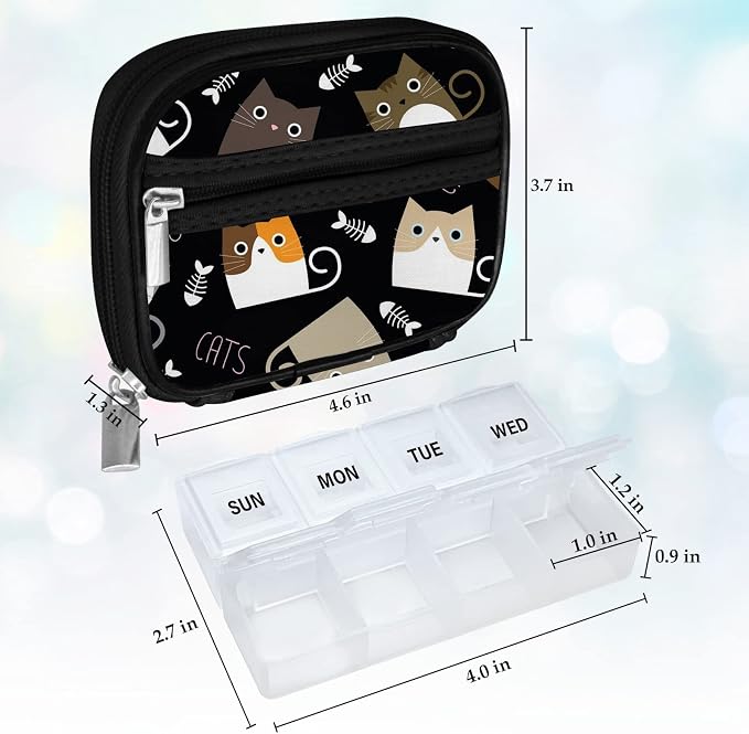 Serfeymi Weekly Travel Pill Organizer Pill Case for Purse with Removable 7 Day Pill Box, Fashionable Travel Medicine Organizer Pill Container for Medicine, Vitamin, Supplement - Black 03