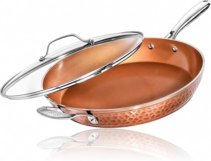 Gotham Steel Hammered Copper 14 Inch Non Stick Frying Pan with Lid, Nonstick Frying Pan with Ceramic Coating and Induction Plate for Even Heating, Oven / Dishwasher Safe, 100% Healthy & Non Toxic | Extra Large Skillet, Induction Compatible, PFOA/PFOS/P...