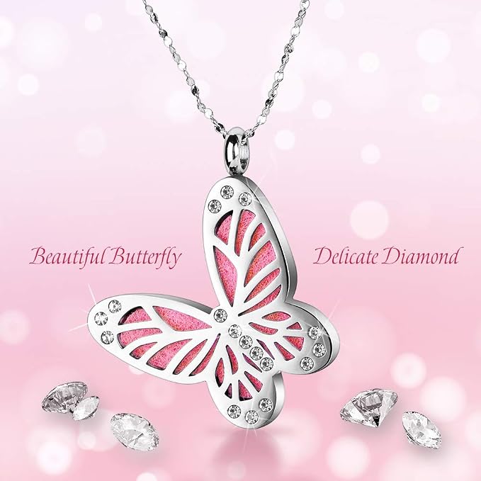 Maromalife Essential Oil Diffuser Necklace Butterfly Zircon Stainless Steel Aromatherapy Pendant Locket with Adjustable Chain and 10 PCS Felt Pads Mothers Day Christmas Birthday Gift for Women