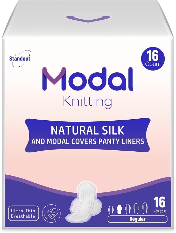 Modal Sanitary Pads for Women, Natural Silk and Modal Cover-Ultra Absorbency, Ultra Thin Breathable Daily Pads with Wings, Unscented Sanitary Napkins(9.5 Inch, Regular, 16 Count,Packaging May Vary)