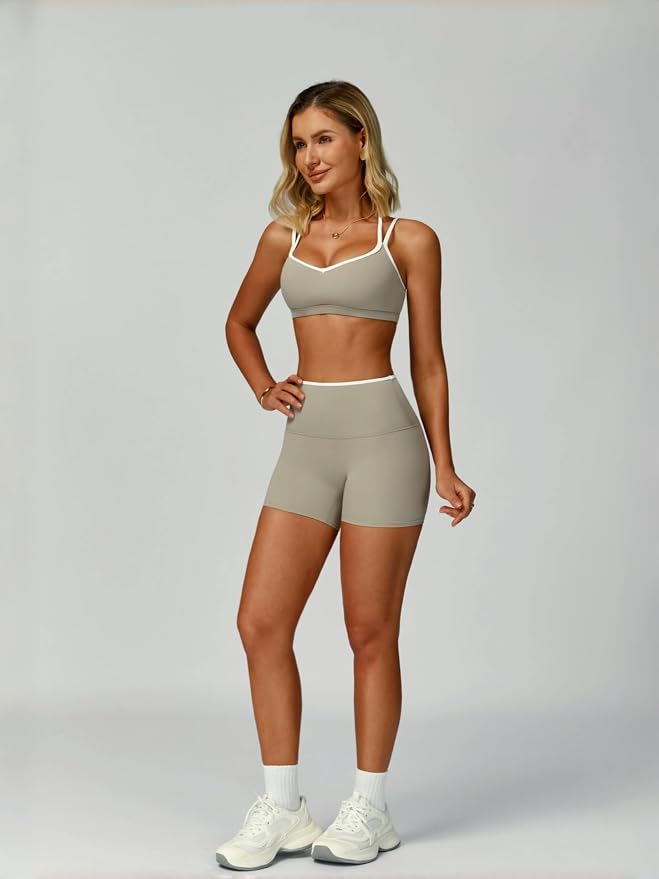 ABOCIW Workout Sets for Women 2 Piece Color Block Strappy Sports Bra High Waist Shorts Gym Yoga Pilates Outfits