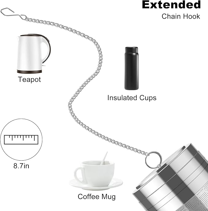 Numola Large Tea Infusers for Loose Tea, Extra Fine Mesh Large Tea Strainer for Spice Cooking, 304 Stainless Steel Tea with Extended Chain Hook for Teapot Cup