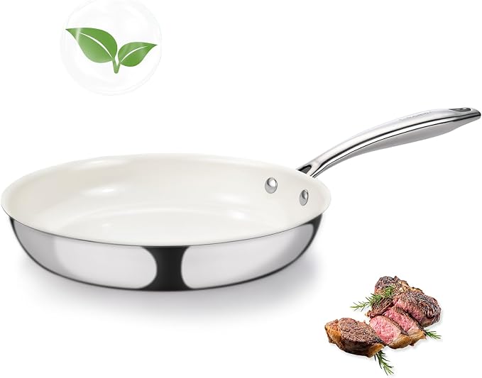 SAKAMOSH 8" Nonstick Ceramic Frying Pan, Tri-Ply Stainless Steel, White | Non Toxic, PFAS PFOA PTFE Free, Stay-Cool Handle, Dishwasher & Oven Safe, Induction Compatible