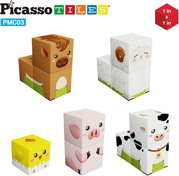 PicassoTiles Magnet Cube Farm House Theme Mix and Match Building Block Construction Toy Barn with 5 Magnetic Cubed Character Action Figure STEM Learning Education Sensory Pretend Play Kid Age 3+ PMC03