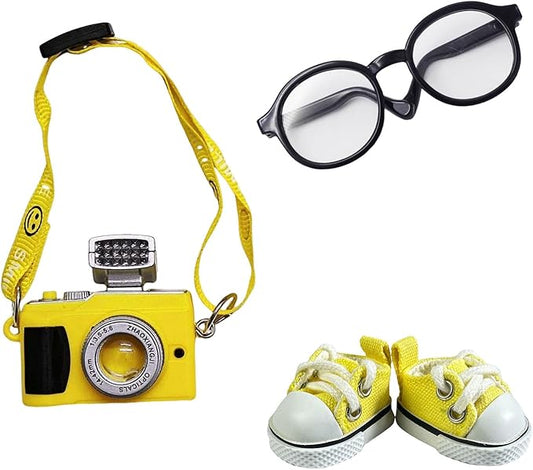 3pcs Doll Accessories Set Included Mini Glasses, Camera and Shoes for 17cm Doll, Dress Up Accessories Mini Costume Supplies for for 6.7 Inches Dolls (Set of Yellow)