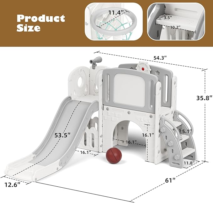 Glaf Toddler Slide 9 in 1 Outdoor Playset Playground Indoor Kids Baby Slides for Toddlers Age 1-3 with Climber Basketball Hoop Telescope Drawing Board and Storage Space for Backyard (Grey)