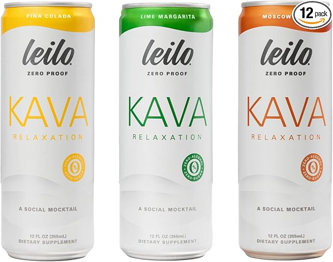 Leilo | Kava Powered Mocktail Drinks | Variety-Pack - Sugar-Free & Non-Alc Functional Relaxation Support - Includes 4 of Each: Margarita, Pina Colada, Moscow Mule | 12 fl oz Cans (Pack of 12)