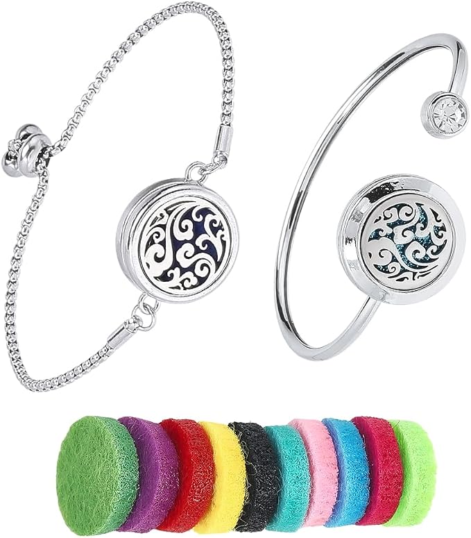 SUNNYCLUE 1 Box 2 Sets Essential Oil Diffuser Bracelet Adjustable Bangles with 10Pcs Refill Pads Stainless Steel Clouds Aromatherapy Locket Adjustable Jewelry for Women Yoga Travel Birthday DIY Gifts