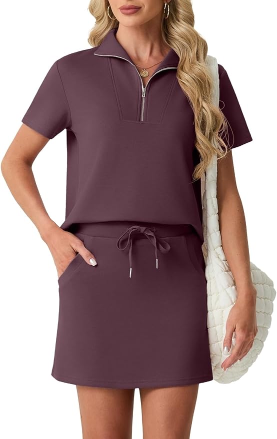 GRECERELLE Women's Summer 2 Piece Skort Set Half Zip Short Sleeve Top & Pocketed Tennis Skirt For Sports & Vacations.