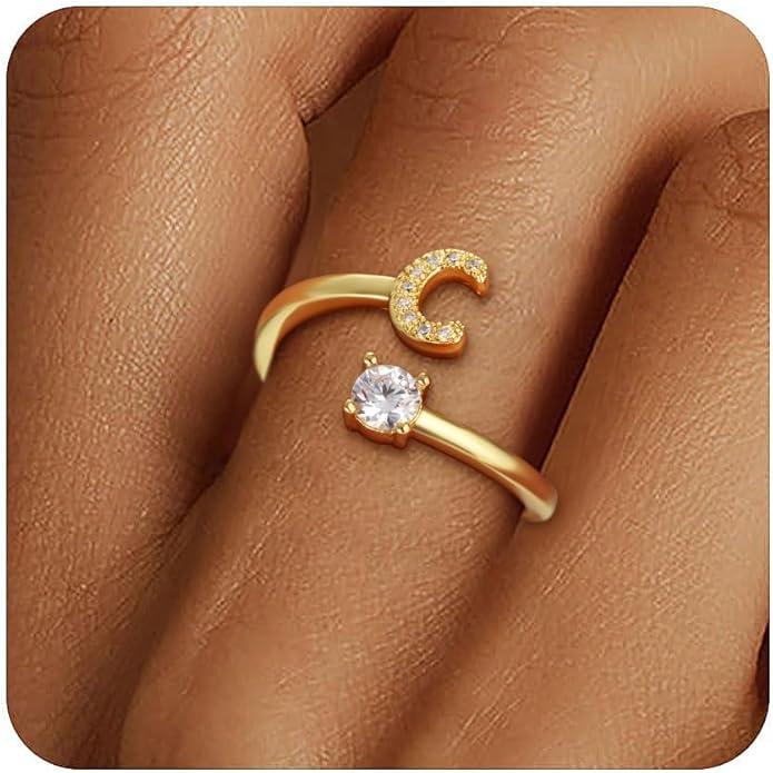 Eaciy Valentines Day Gifts for Kids Teen Girls - Initial Rings, Dainty 14K Gold Plated Adjustable Letter Rings Teen Girls Gift Trendy Stuff Non Tarnish Ring Birthday Valentines Day Gifts Jewelry