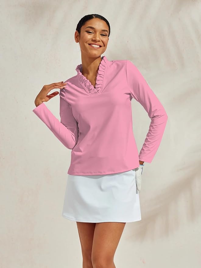 ACEGOLFS Womens Golf Polo Shirts Casual Ruffle V Neck Long Sleeve Tops for Women UPF 50+ Rash Guard Ladies Pullover Shirt