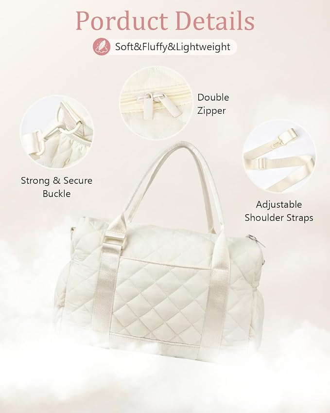 Gym Bag for Women with Yoga Mat Holder, Small Mini Gym Tote Bag Puffy Quilted Lightweight Sports Duffel Bag with Wet Compartment for Dance Yoga Workout Travel - Beige