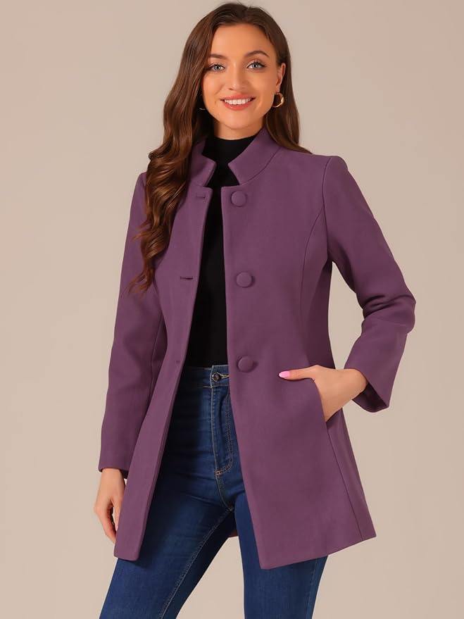 Allegra K Women's Winter Overcoat Mid-Long Stand Collar Single Breasted Coat Outerwear